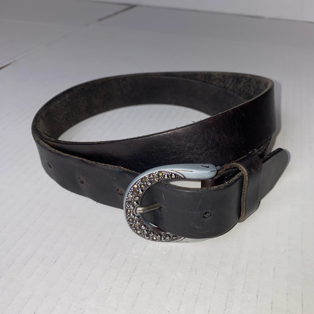 Fossil Women's Genuine Leather Black Belt Rhinestone Bling  Buckle Medium